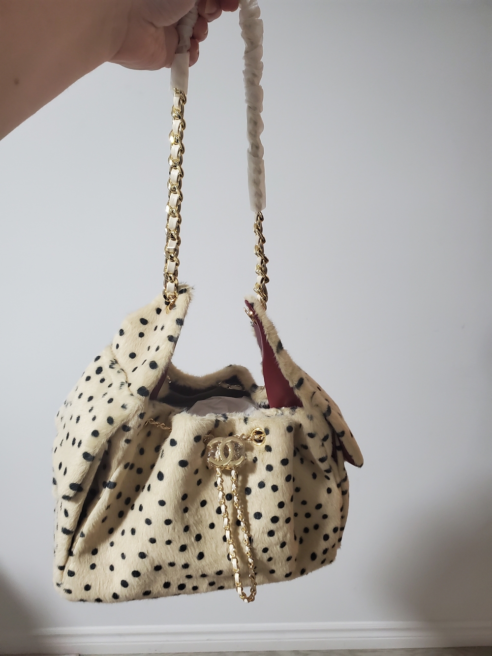 Cream and Black Polka Dot Chain-Handle Shoulder Bag